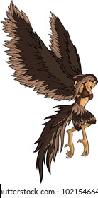 Flying brown crazy harpy on white background