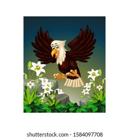 Flying Brown Eagle On the Top of White Ivy Flower Cartoon