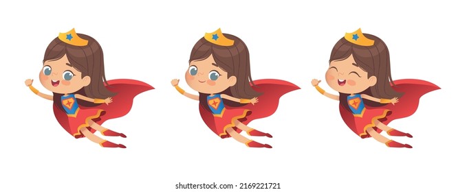 Chica de cabello marrón voladora con coloridos disfraces de superhéroes, aislados de fondo blanco. Personajes vectores de dibujos animados de Superhéroes infantiles, para fiestas, invitaciones, web, mascota