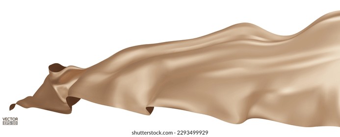 Flying brown silk textile fabric flag background. Smooth elegant beige Satin Isolated on white Background for grand opening ceremony. Beige curtain. 3d vector illustration.