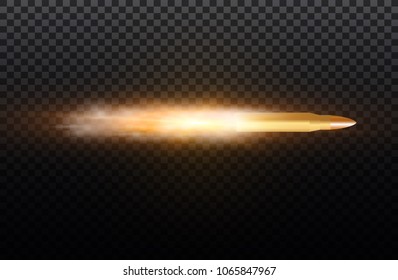 Flying bullet with dust trail. Isolated on black transparent background. Vector illustration
