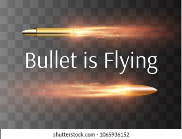 A flying bullet with a fiery trace. Isolated on a transparent background. Vector illustration.