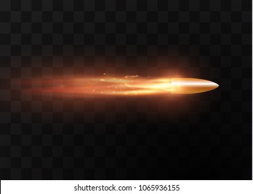 A flying bullet with a fiery trace. Isolated on a transparent background. Vector illustration.