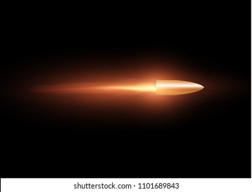 A flying bullet with a fiery trace. Isolated on a transparent background. Vector illustration.