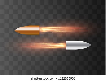 A flying bullet with a fiery trace. Isolated on a transparent background. Vector illustration.