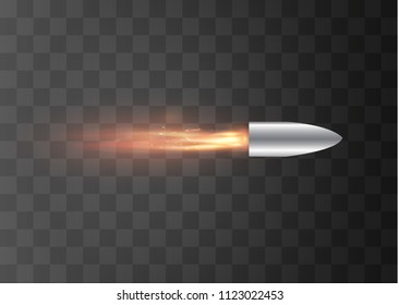 A flying bullet with a fiery trace. Isolated on a transparent background. Vector illustration.