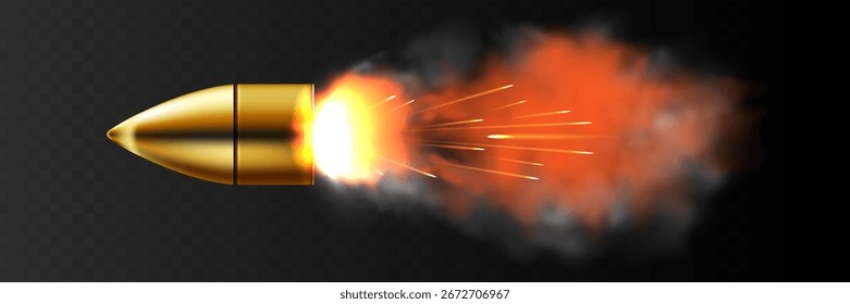 Una bala voladora con un rastro ardiente. Aislado sobre un fondo transparente.