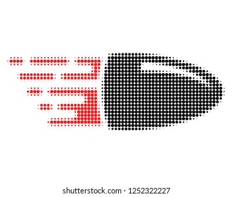 Flying bullet halftone dotted icon. Halftone pattern contains round points. Vector illustration of flying bullet icon on a white background.