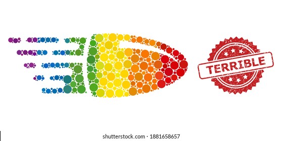 Flying bullet mosaic icon of filled circle blots in variable sizes and rainbow color tones, and Terrible scratched rosette stamp seal. A dotted LGBT-colored Flying bullet for lesbians, gays,
