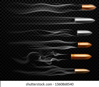 Flying bullet traces. Shooting military bullets smoke trace, handgun shoot trails and realistic shoot trail. Gunshots, bullet in motion, military smoke trails. 3D vector isolated sign illustration set