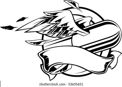 Flying bullet with wings and ribbon. Vector illustration black and white.