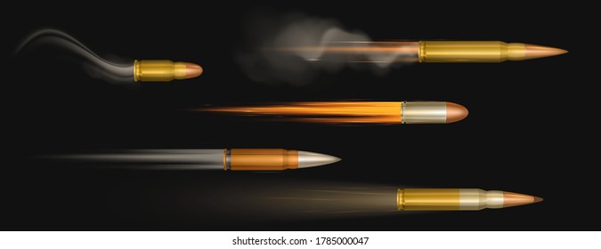 Flying bullets with fire and smoke traces. Shooting military handgun shoot trails, gunshots in motion, weapon metal shots, ammo isolated on black background, realistic 3d vector set
