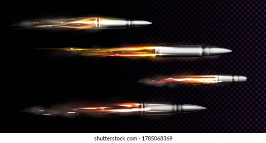 Flying bullets with fire and smoke traces. Shooting military handgun shoot trails, gunshots in motion, weapon metal shots, ammo isolated on black and transparent background, realistic 3d vector set