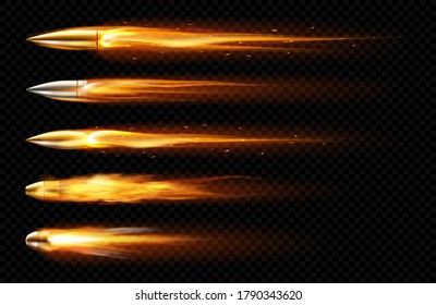 Flying bullets with fire and smoke traces. Vector realistic set of fired bullets different calibers fired from weapon, gun or pistol with smoke trail isolated on transparent background