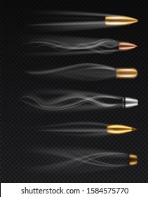 Flying bullets. Realistic different fired bullet in motion with smoke traces, gunshots firearm shooting metall bullets, isolated vector firing weapons set