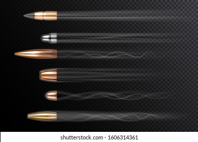 Flying bullets with shot fire smoke tails, vector realistic isolated on transparent background. Bullet shoot in motion, different caliber types with shooting smoke trails, firearm and gun weapon