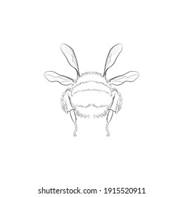 Flying bumblebee back view. Line drawing. Black and white illustration. Vector.