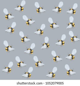 Flying bumblebees on a gray background is a seamless pattern