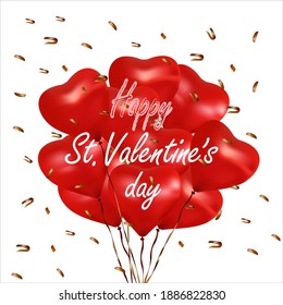 Flying bunch of 3d realistic red heart shaped balloons with golden confetti on white background. Valentine's day card or flyer vector design. Happy Valentine's Day sign