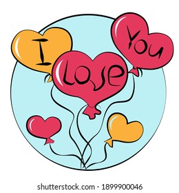 Flying bunch of balloons in shape of heart with text I Love You. Happy Valentines Day gift. Vector holiday illustration about love, wedding, engagement. Banner, postcard, sticker.