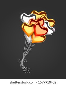 Flying bunch of glittering balloon in the shape of hearts on black background. Vector holiday illustration. Happy Valentines Day