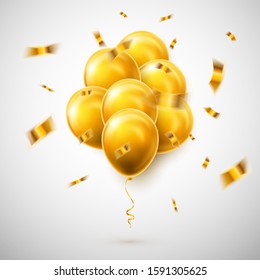 Flying bunch of golden balloon with shadow. Shine helium balloon for wedding, Birthday, parties. Festival decoration. Vector illustration.