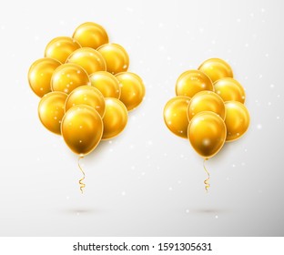 Flying bunch of golden balloon with shadow. Shine helium balloon for wedding, Birthday, parties. Festival decoration. Vector illustration.