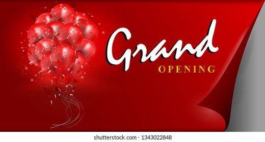 Flying bunch of realistic red balloons and confetti particles - Grand Opening Invitation Concept. Typographic design  with a curled corner of paper. Grand Opening - Vector holiday illustration.