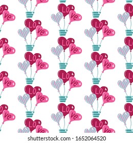 Flying bunch of red balloon hearts. Valentines Day. Vector seamless pattern. Holiday greeting card, invitation of family holidays, parties, birthday, valentine's day, wrapping, gift paper.