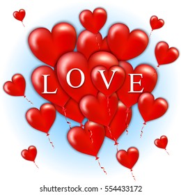 Flying bunch of red balloon hearts. Happy Valentines Day. Vector illustration