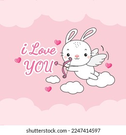 Flying bunnny cupid with bow and arrow. Vector illustration