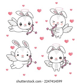 Flying bunnny cupid with bow and arrow. Vector illustration