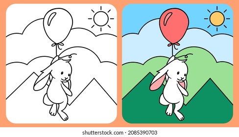 flying bunny with balloon, for kids coloring book in vector illustration