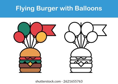 Flying Burger with Balloons – Fun Food Vector Illustration