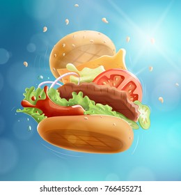 Flying Burger Blue Bokeh Background EPS10