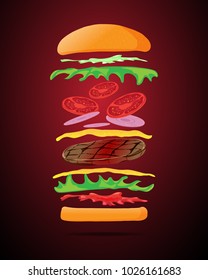 flying burger divide part with bun tomato onion vegetable splashing souce mustard tomato chille and grill beef, vector eps 10