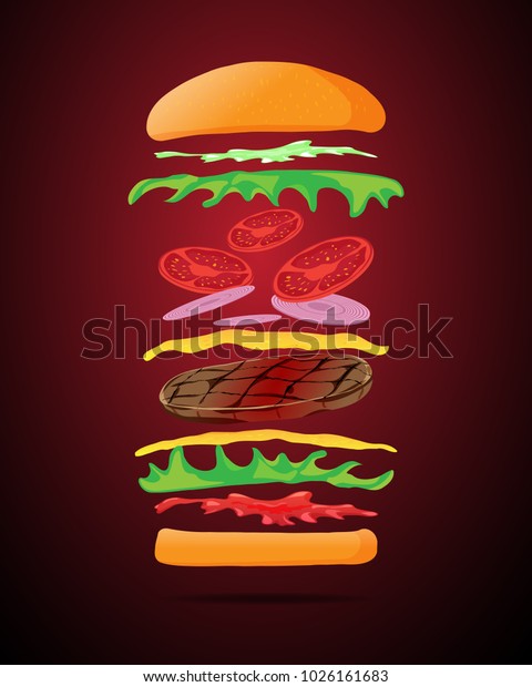 flying burger divide part with bun tomato onion\
vegetable splashing souce mustard tomato chille and grill beef,\
vector eps 10