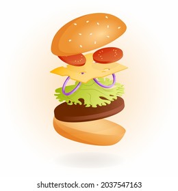 Flying burger, divided into layers, vector graphics