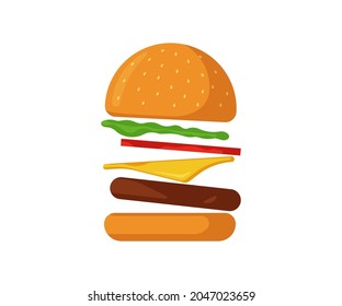 Flying burger fast food isolated icon. Scattered hamburger with tomato, bow, greens, juicy fried beef cutlet, cheese slice in toasted bun with sauce. Cheeseburger flat vector eps illustration