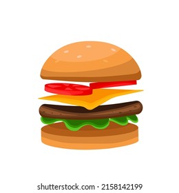 Flying Burger flat vector illustration on white background. Floating Hamburger colorful icon isolated on white background. Cheeseburger