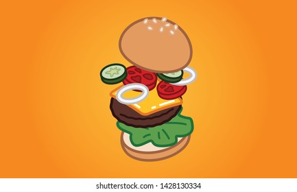 Flying Burger with Fresh Ingredients on Yellow background - Vector Illustration