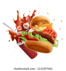 Flying Burger and Glass of Soda with Splash. Isolated on White Background.
