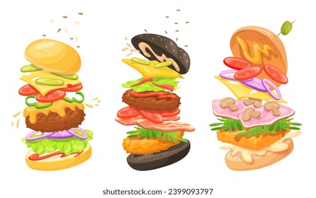 Flying burger ingredients. Burgers explosion layered ingredient, hamburger cheeseburger floating layers fried onion lettuce chili mushrooms bun food neat vector illustration of hamburger with cheese