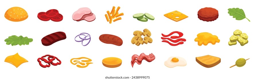 Flying burger ingredients icons set cartoon vector. Fast Food meal. Hamburger layer