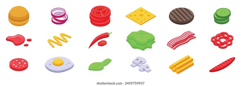 Iconos de ingredientes de hamburguesas voladoras conjunto de Vector isométrico. Comida rápida. Capa flotante