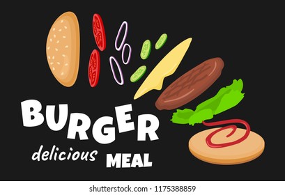 flying burger ingredients on black background