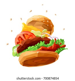 Flying Burger - Low poly style. Isolated vector object EPS10 .