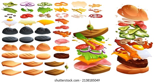 Flying burger and sandwich and ingredients. Fastfood constructor with buns, bread toasts, cheese, vegetable slices, patty and sauces. Vector cartoon set of tomato, bacon, salad, onion, ketchup, egg