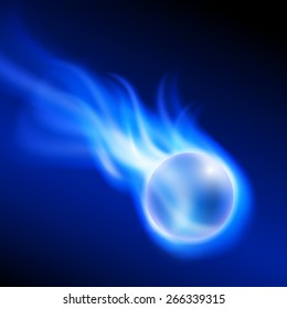 Flying burning ball on blue fire on dark background. EPS10 vector.