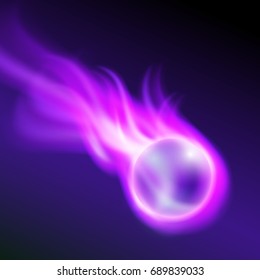 Flying burning ball on purple fire on dark background. EPS10 vector.